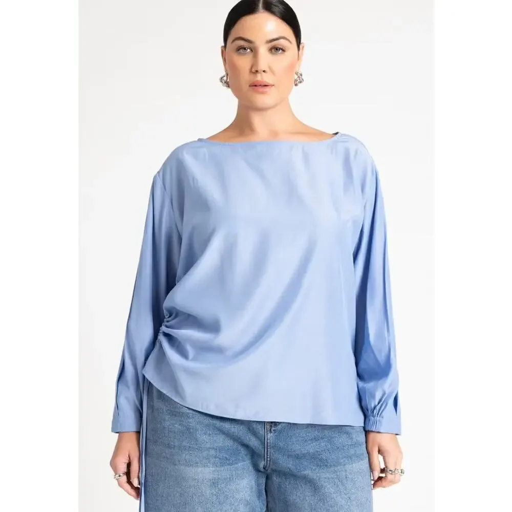 Eloquii Tie Detail Blouse size 18 Boat Neck Long sleeve Ruched Relaxed Minimal - Picture 2 of 14